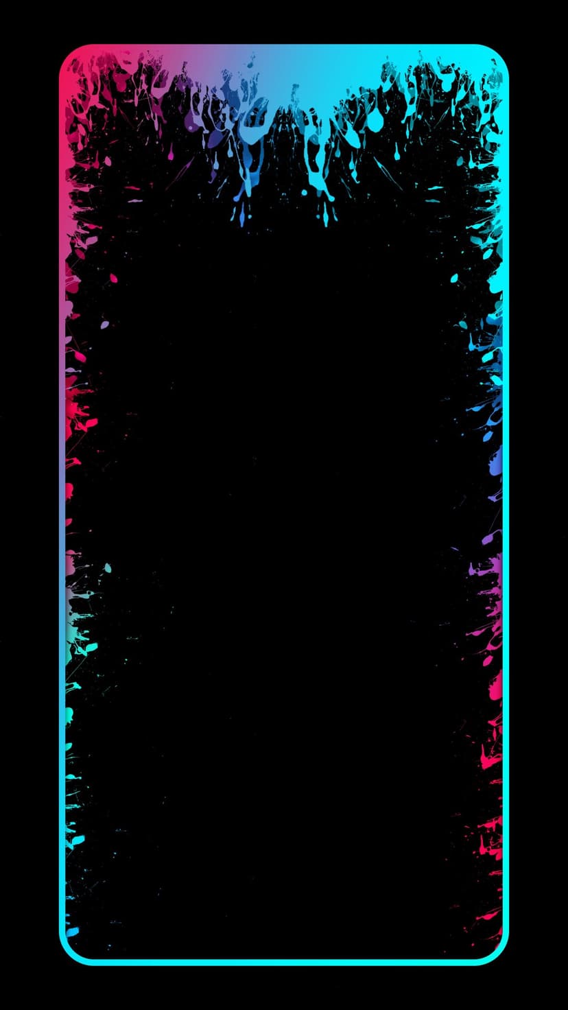 Pink and blue neon paint droplets frame a deep black center, creating a vibrant splatter border effect.