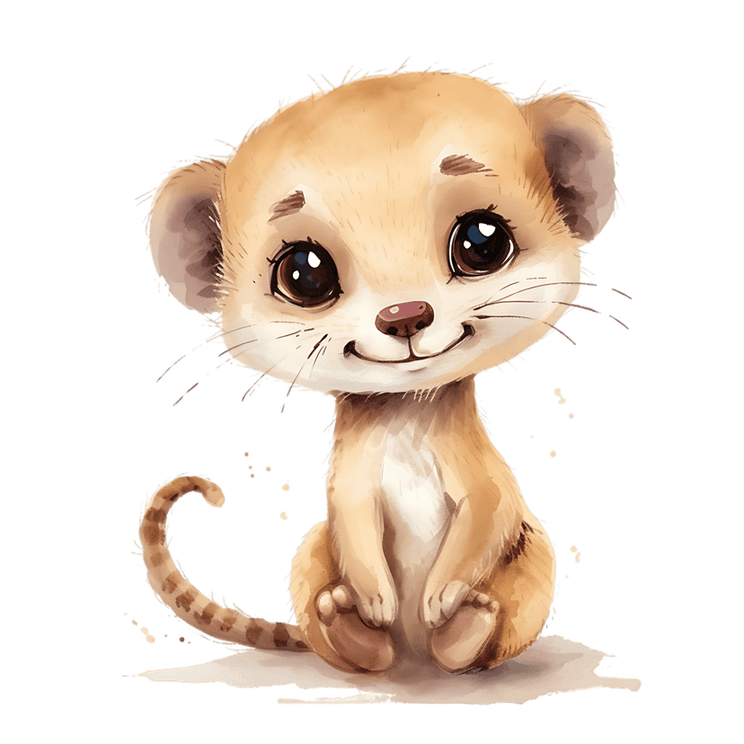 Meerkat watercolor cartoon character sits facing forward with large eyes and soft brown fur textures visible.