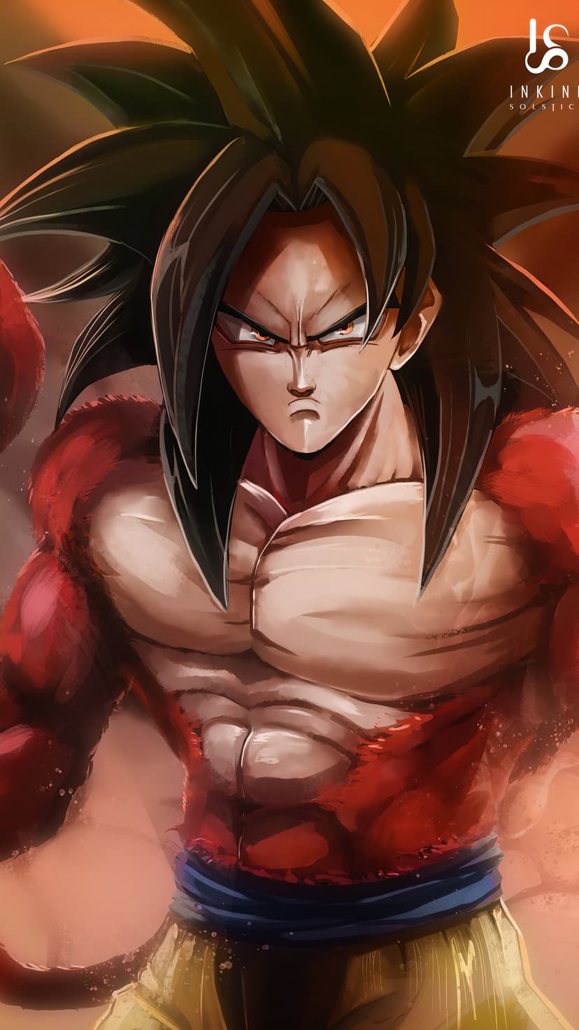 Goku in Super Saiyan 4 form with long black hair, red body fur, and a stern expression against orange light.