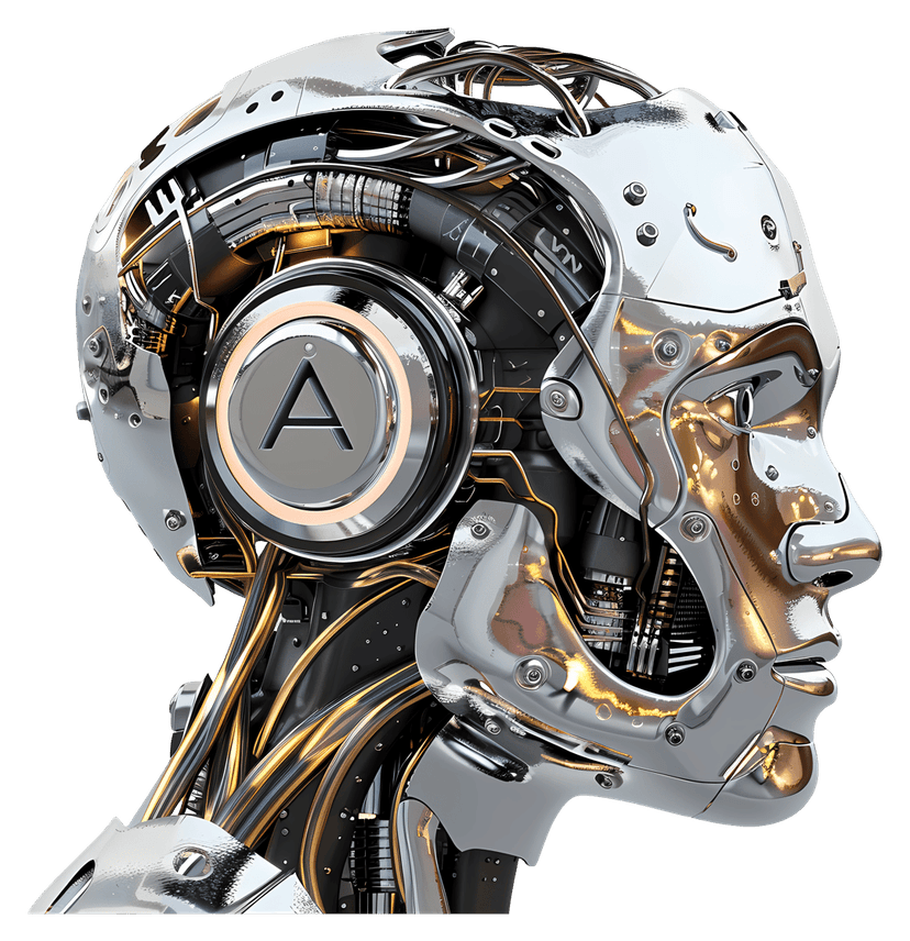 Robotic android head illustration featuring metallic chrome textures and intricate blue glowing circuitry.