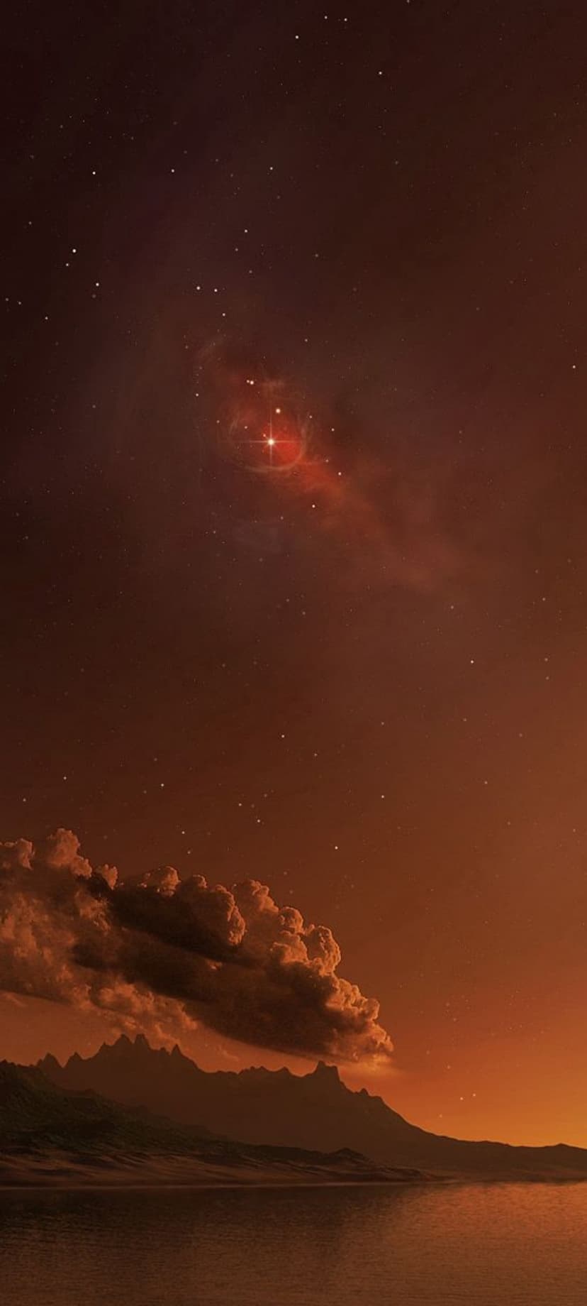 Red nebula clouds and a bright star shine over a rocky alien landscape with a calm body of water at night.