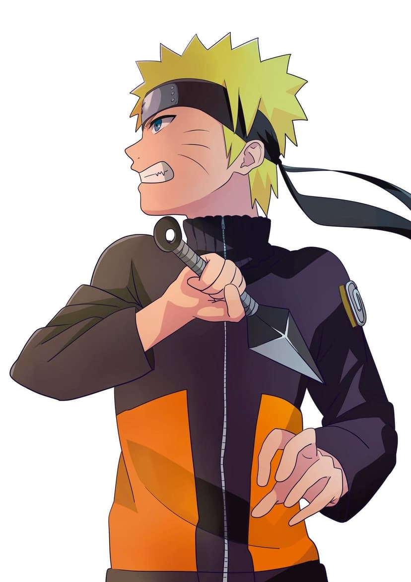 Naruto Uzumaki holds a kunai knife while wearing his orange jacket and leaf village forehead protector.
