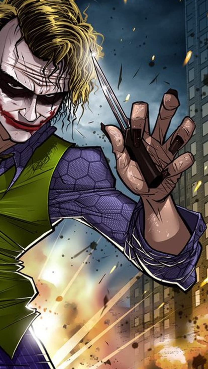 Joker holding a glinting knife before a burning Gotham City skyline with orange explosions and bold comic lines.