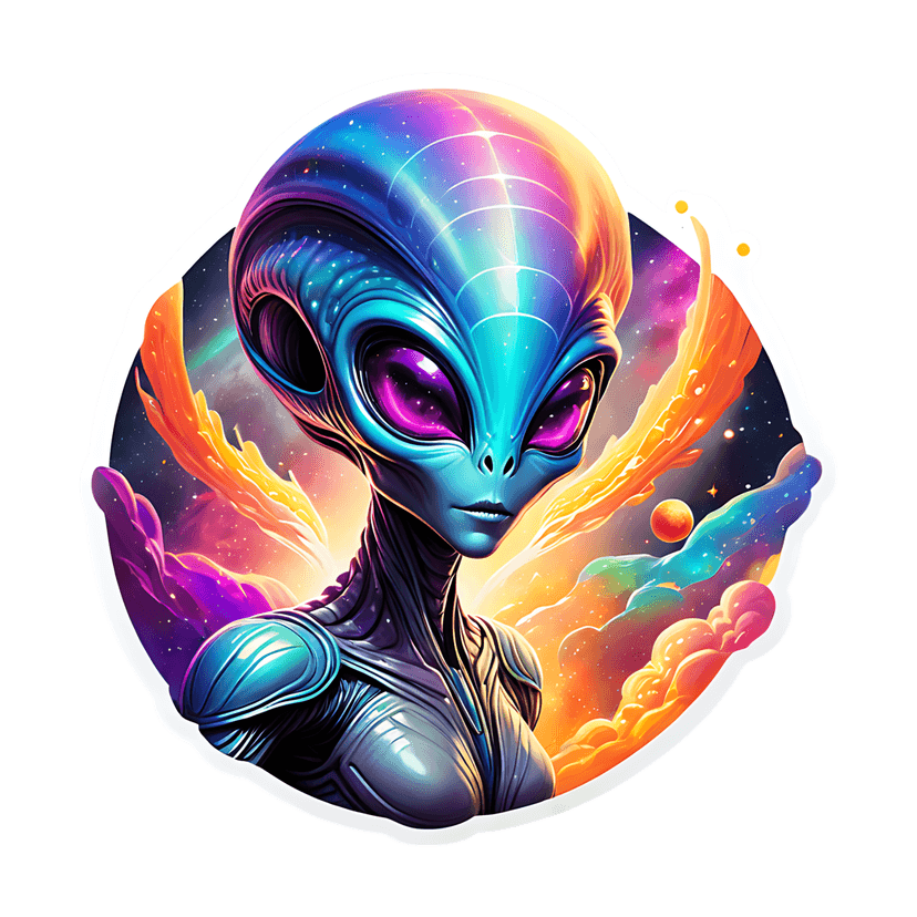 Iridescent alien head sticker featuring glowing purple eyes against a vibrant cosmic nebula background.