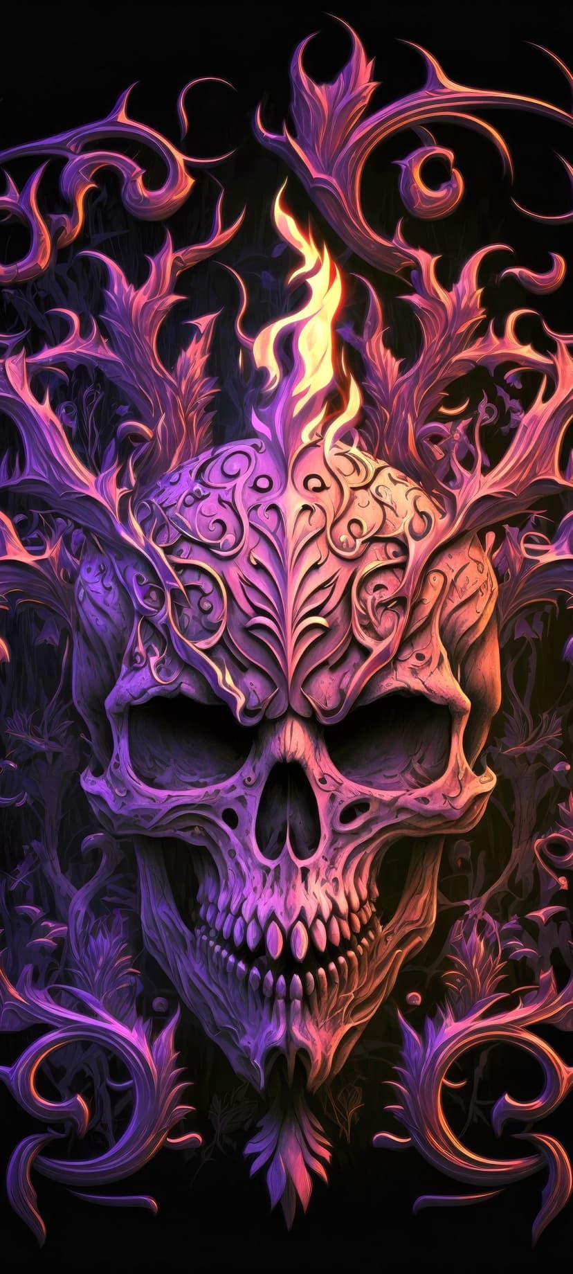 Gothic skull with intricate floral engravings and glowing purple and pink flames on a dark background.