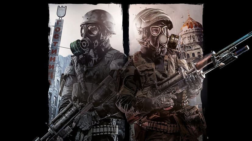 Two soldiers in gas masks and tactical gear hold rifles against a backdrop of ruined Soviet architecture.