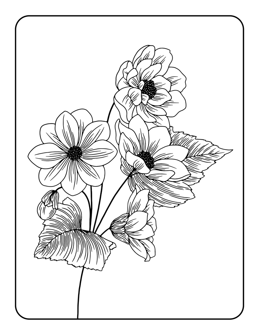 Dahlia floral coloring page featuring intricate black ink line art of layered petals and pointed leaves cluster.
