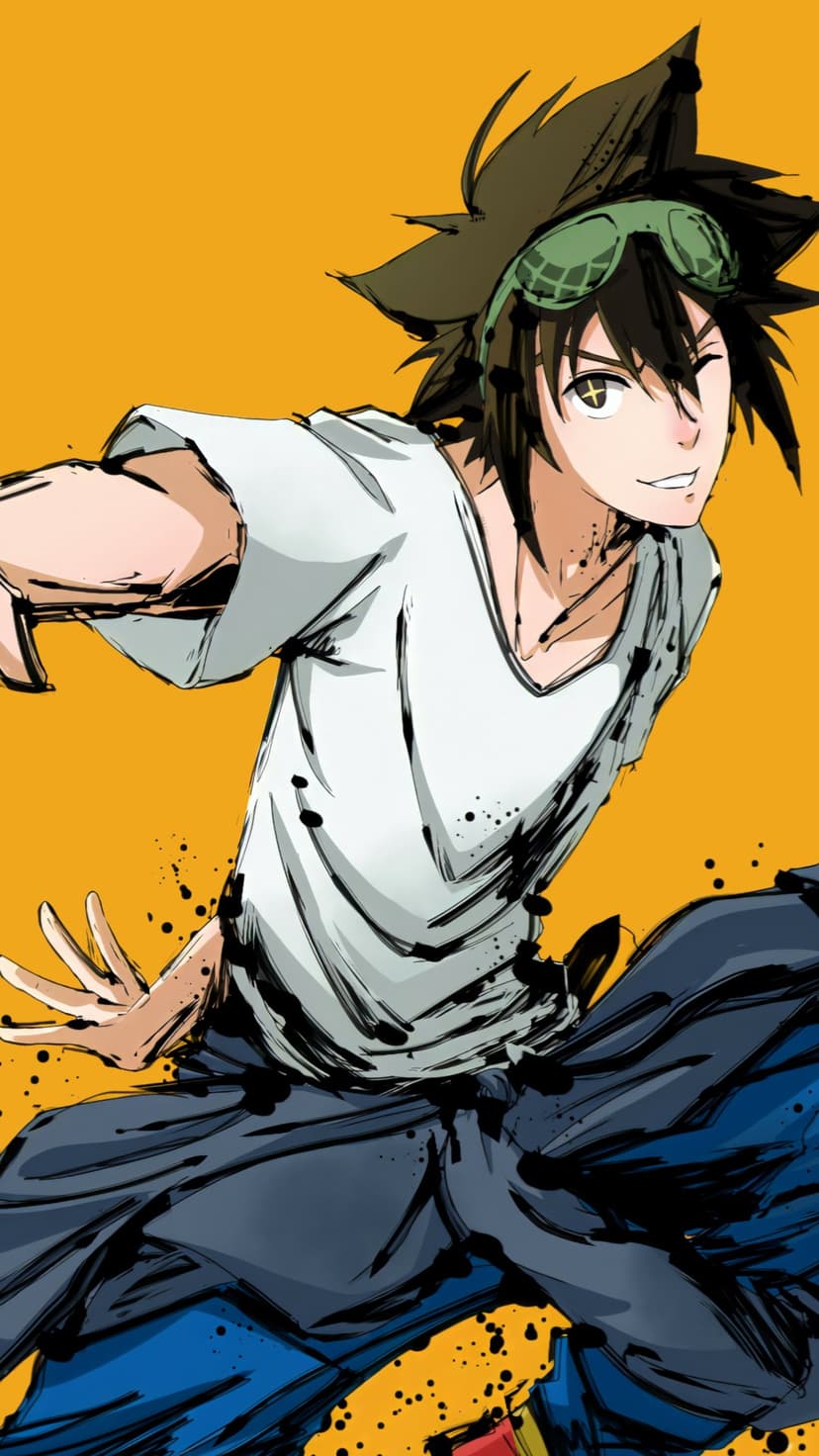 Jin Mori wearing green goggles smirks in an energetic martial arts pose over a vibrant yellow background.