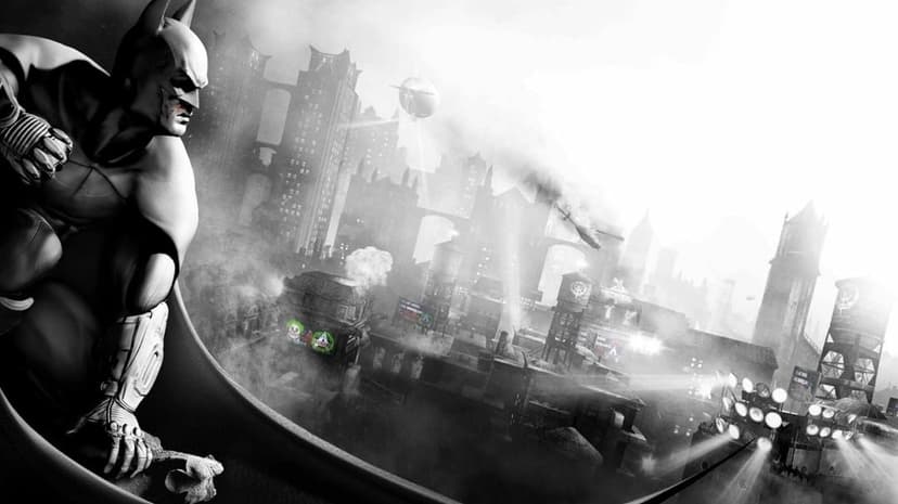 Batman crouched on a ledge overlooking a foggy Gothic city with searchlights and airships in black and white.