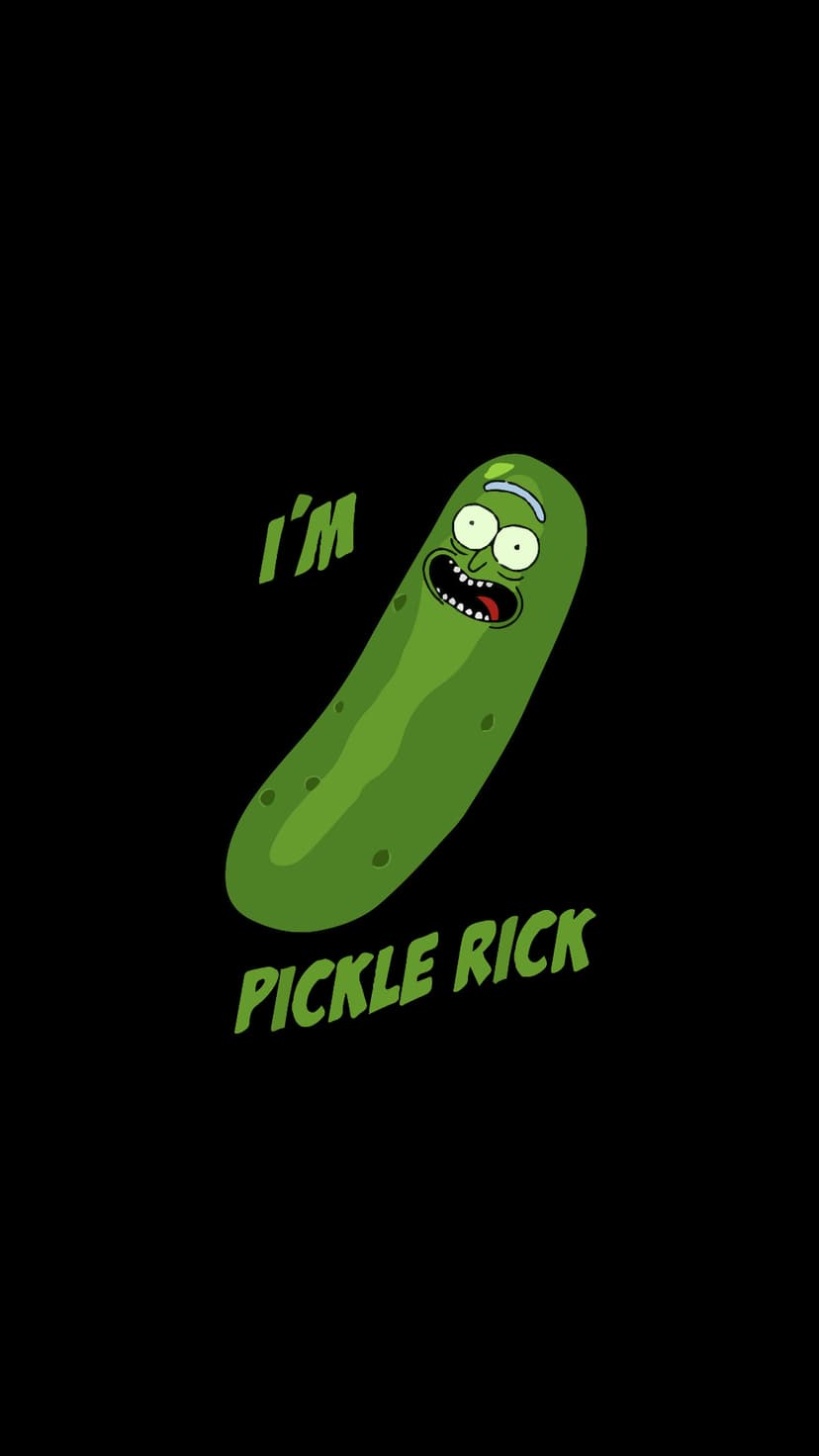 Pickle Rick with a furious expression and text reading I'm Pickle Rick on a dark, textured vertical background.