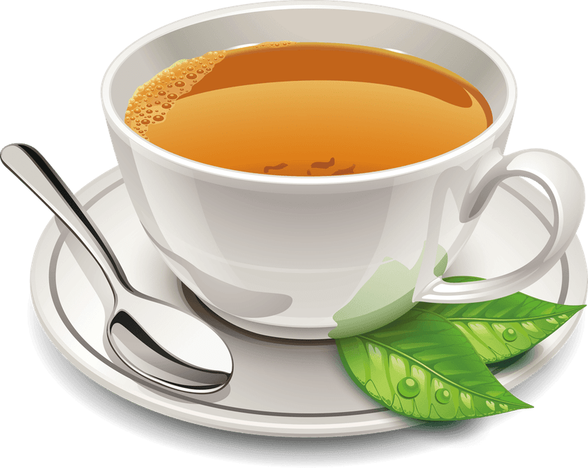 Herbal green tea illustration featuring a white ceramic cup, steeping tea bag, and fresh organic leaves.