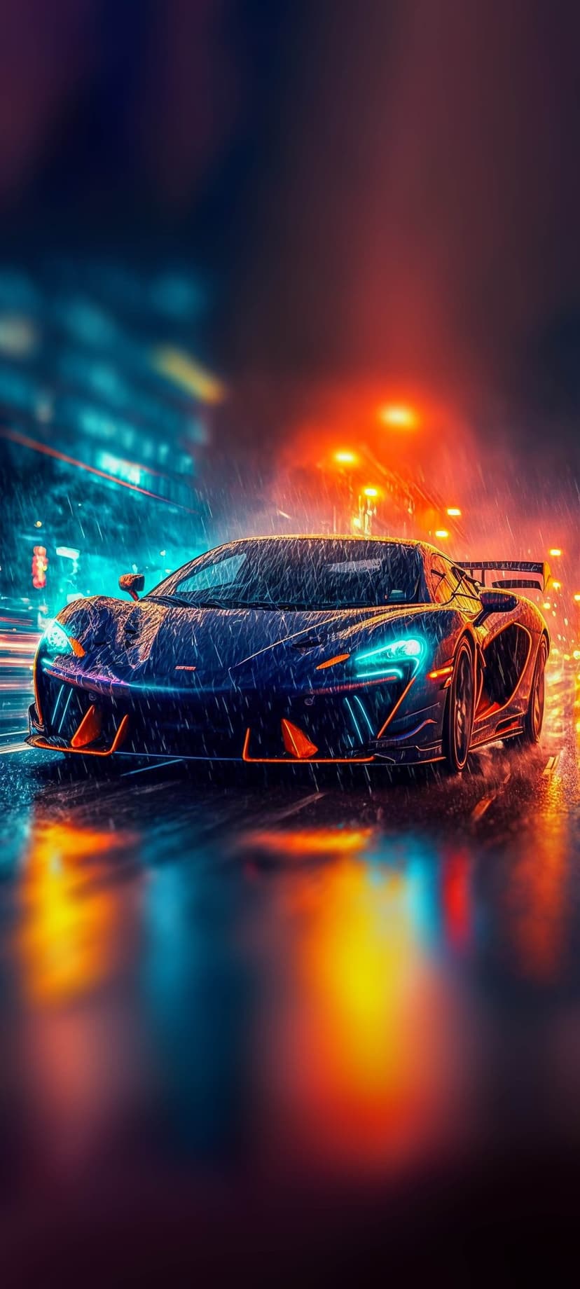 Sleek dark supercar with glowing neon trim racing down a wet asphalt street amidst blurred city lights at night.