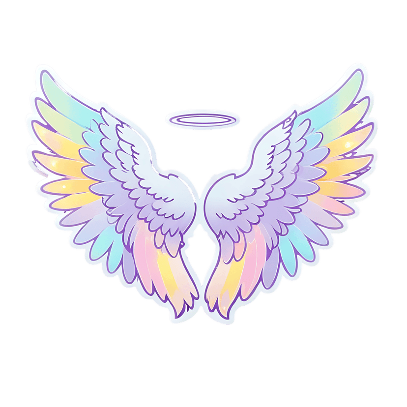 Symmetrical pastel angel wings feature a soft rainbow gradient with a white sticker outline and yellow halo.