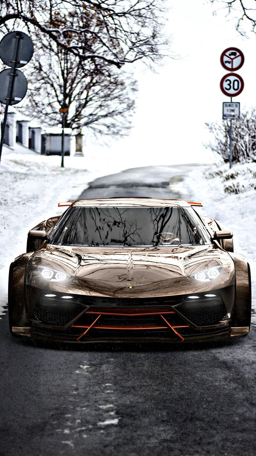 Dark metallic sports car with glowing headlights on a wet, icy road surrounded by snow and winter trees.