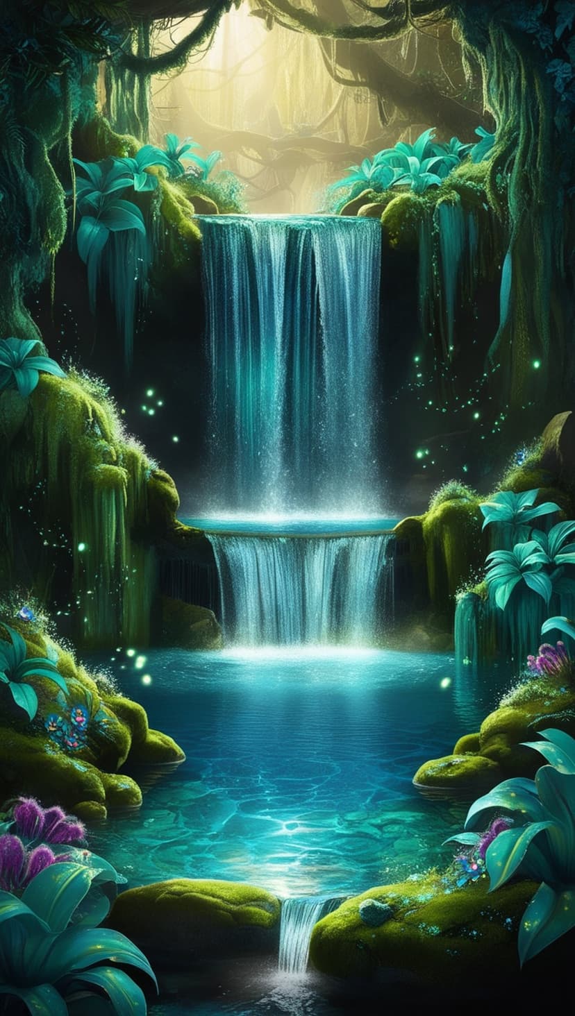 Cascading waterfall flows into a turquoise pool surrounded by mossy rocks and glowing orbs in a dense forest.