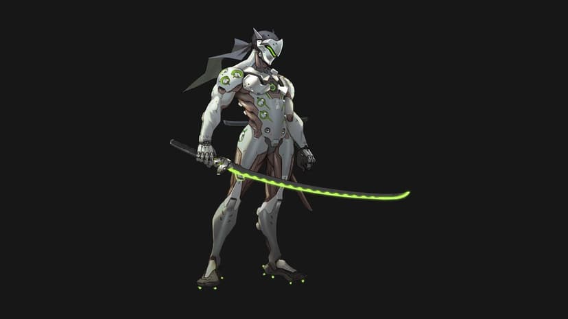 Cybernetic ninja in white armor holding a glowing green sword against a dark background in dynamic pose.