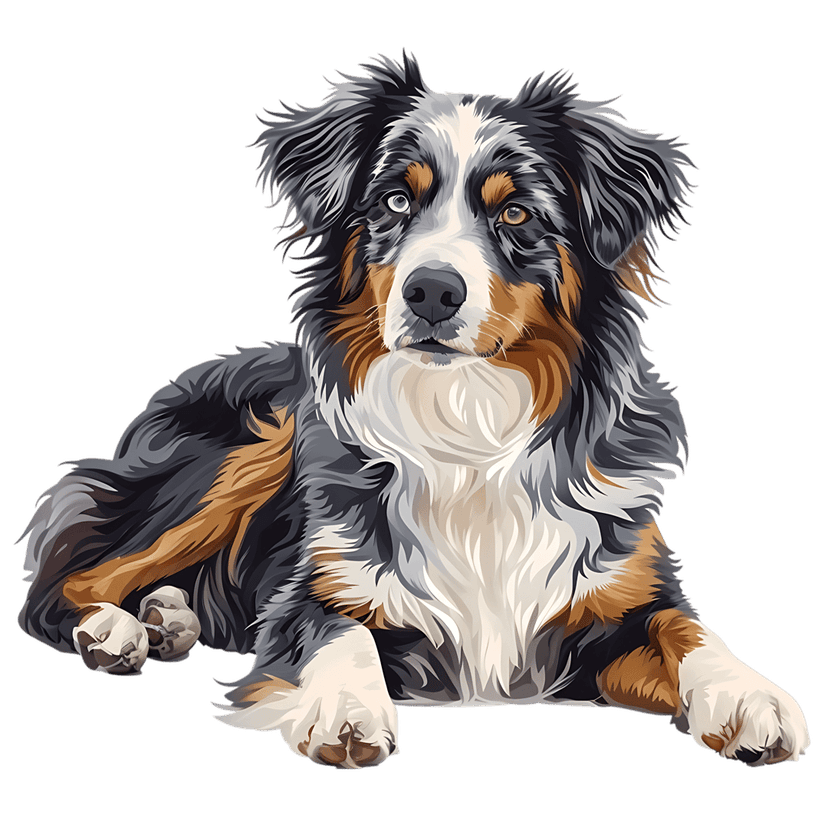 Australian Shepherd dog illustration displays tri-color fur and mismatched blue and brown heterochromatic eyes.