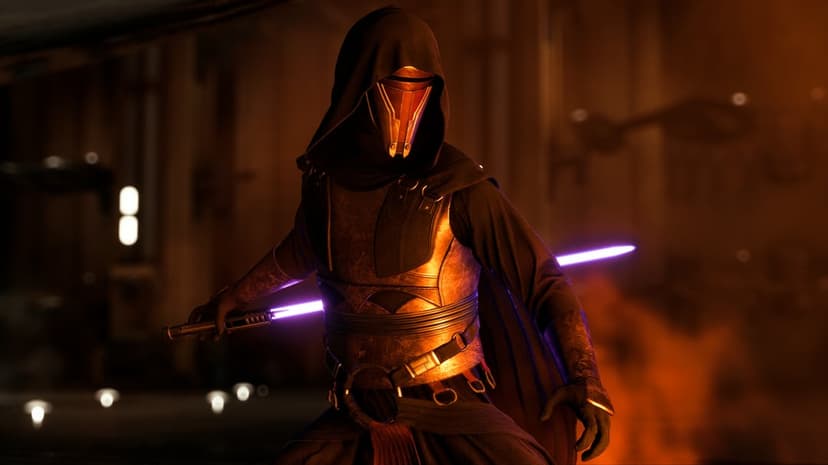 Darth Revan in a hooded mask holding a purple lightsaber against a blurred orange industrial background.
