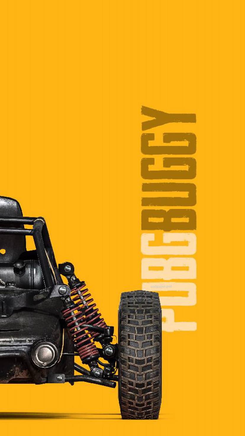 Black buggy wheel and suspension system against a bright yellow background with vertical textured lettering.