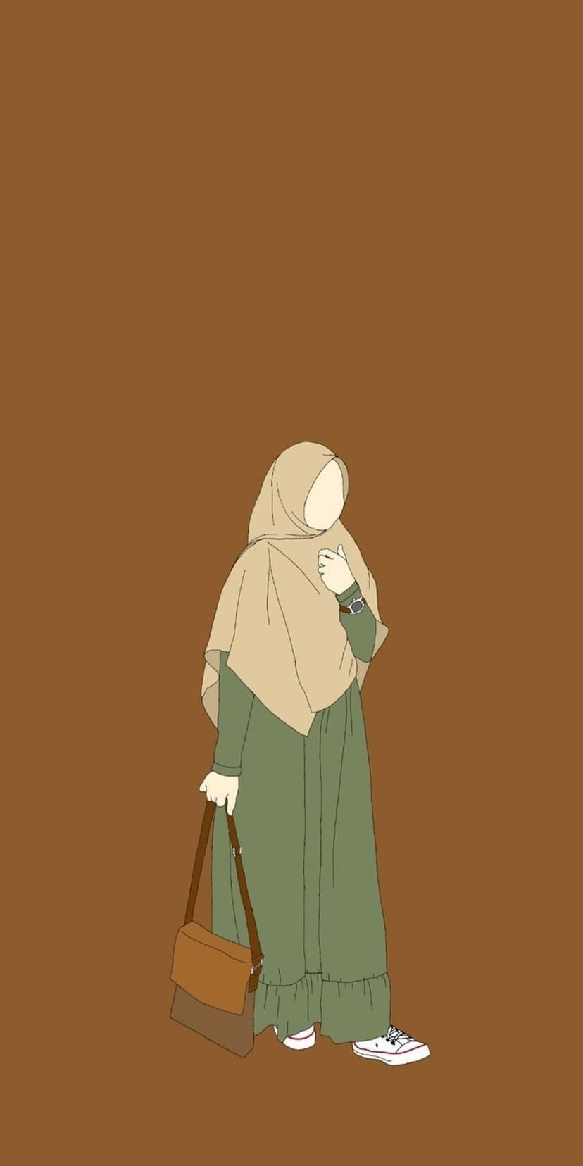 Woman wearing a light brown hijab and olive green dress with a crossbody bag against a solid brown background.