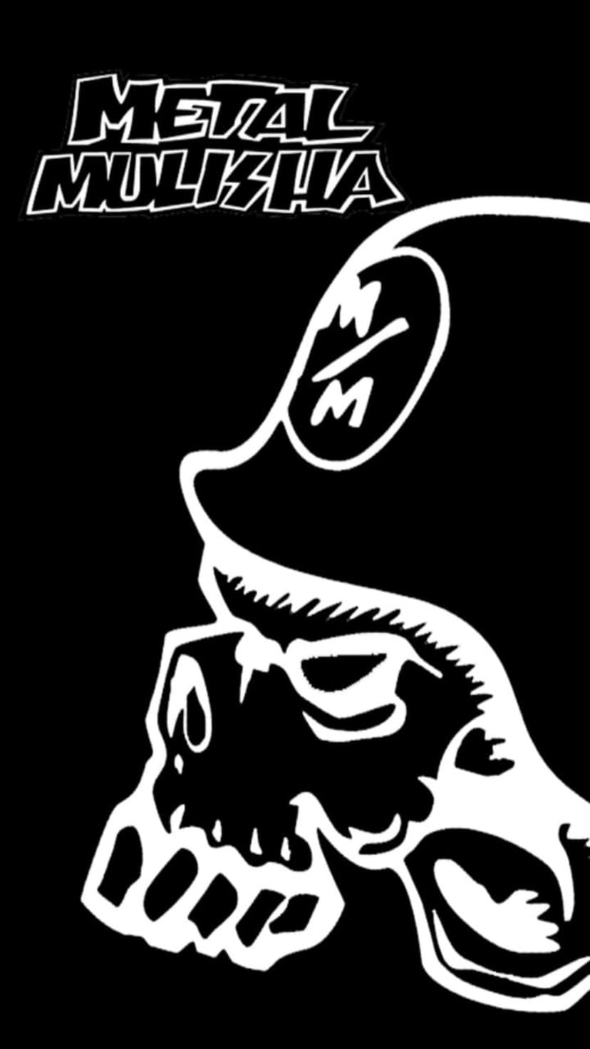 White Metal Mulisha skull with a helmet emblem and bold lettering centered on a solid black background.