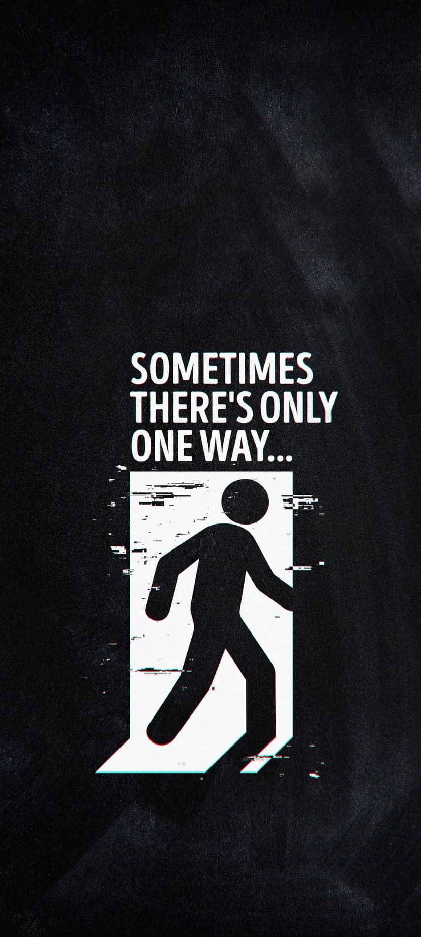 Stick figure walking into a glitchy white rectangle portal on a black background with chromatic aberration.