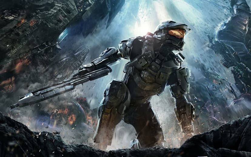 Master Chief in metallic armor crouches on jagged rocks amidst floating spacecraft debris and bright light rays.