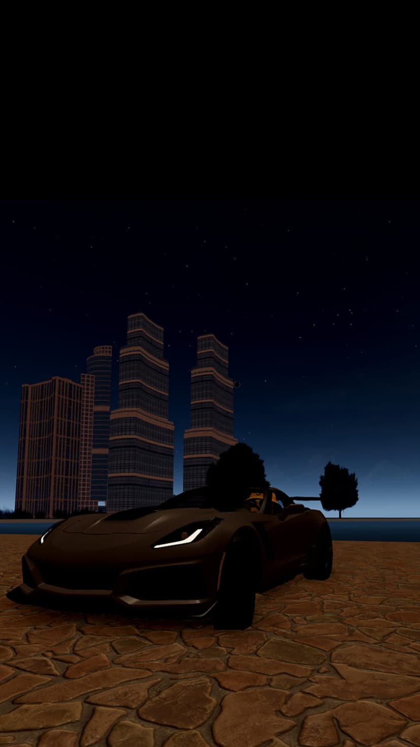 Black sports car with glowing headlights parked on a stone path before a futuristic city skyline at night.