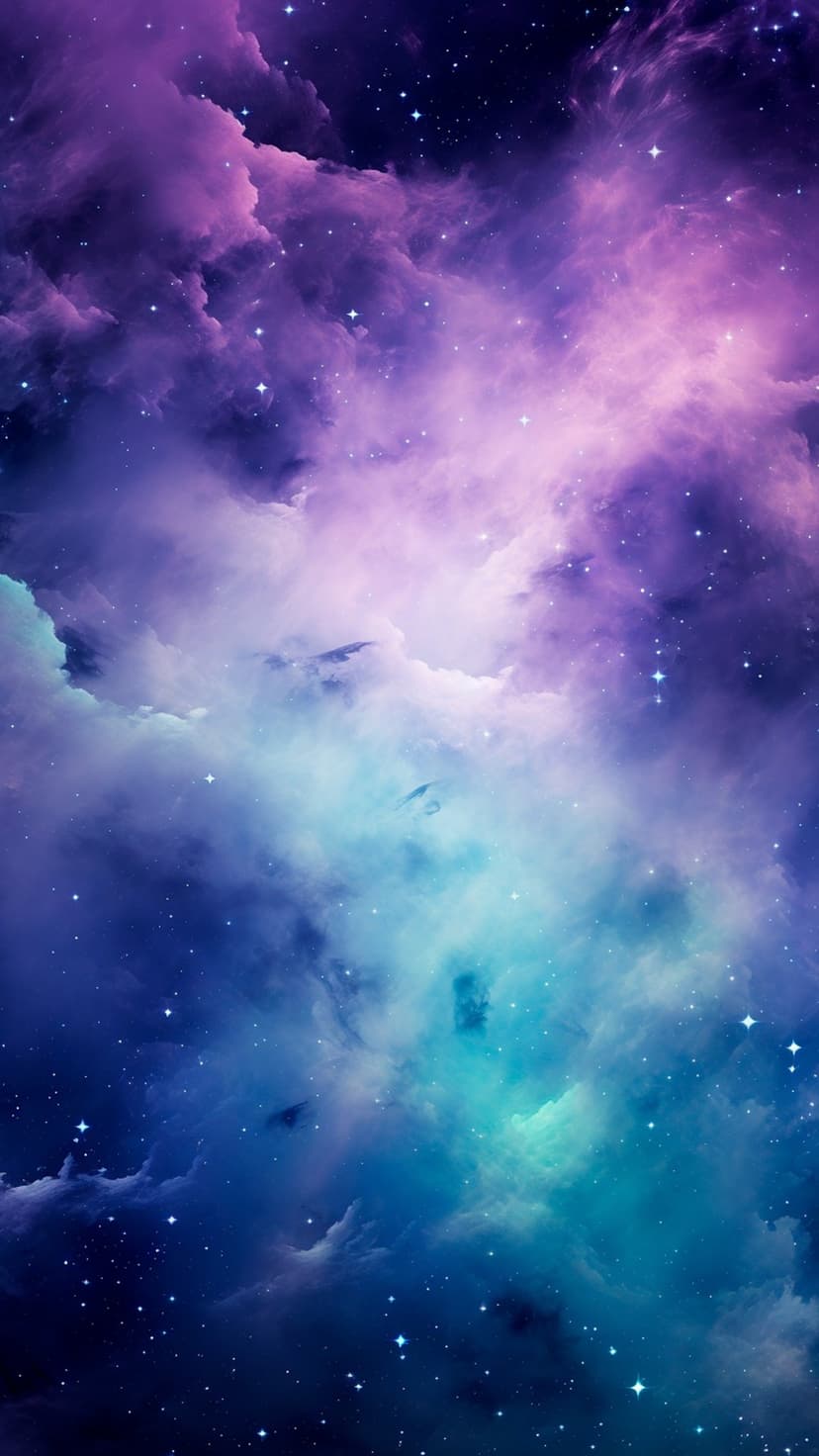 Swirling purple and teal nebula clouds filled with twinkling white stars against a dark indigo deep space void.