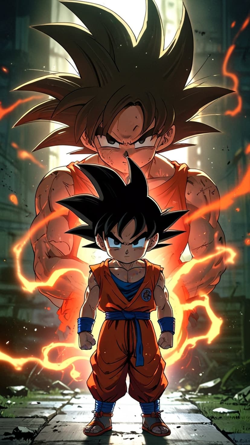 Goku as a child and adult stands amidst a swirling blue aura with glowing yellow energy sparks and spiky hair.