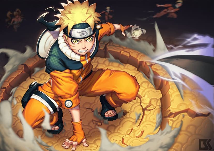 Naruto Uzumaki thrusts a glowing blue Rasengan forward amidst swirling yellow energy and flying battlefield debris.