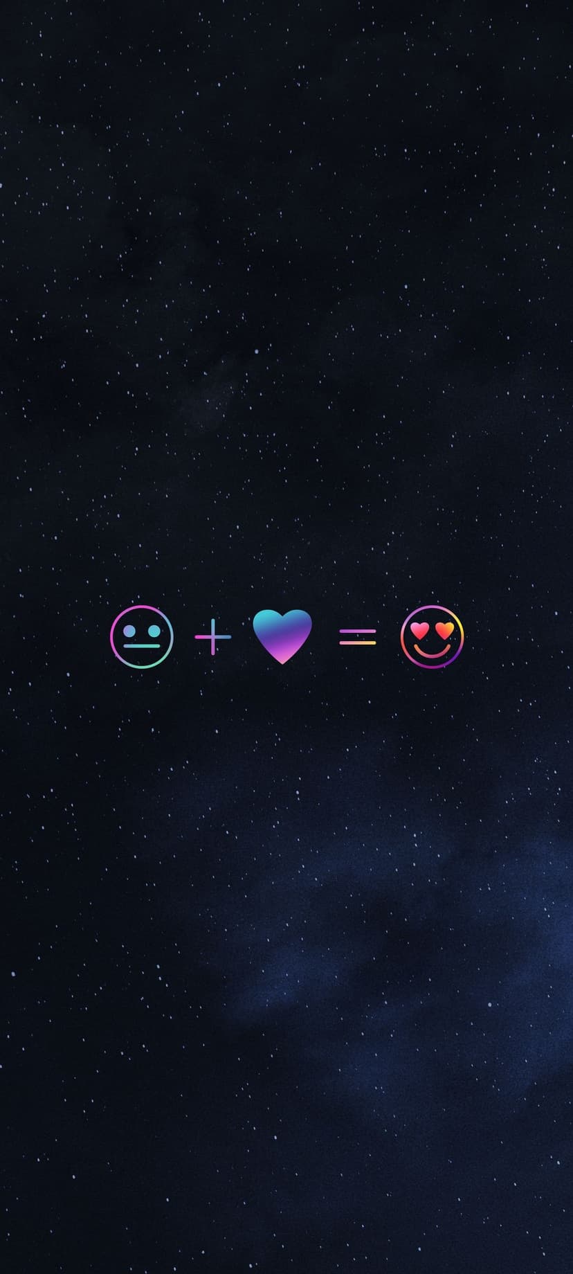 Yellow smiley face and gradient heart equation centered on a dark night sky filled with distant white stars.