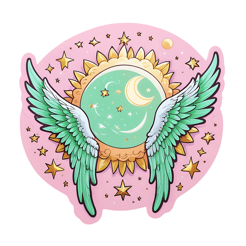 Mint green angel wings frame a golden crescent moon and stars inside a decorative orange sun border on pink.