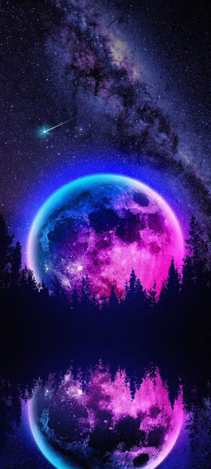 Large pink moon reflecting in a still lake surrounded by pine tree silhouettes under a starry galaxy.
