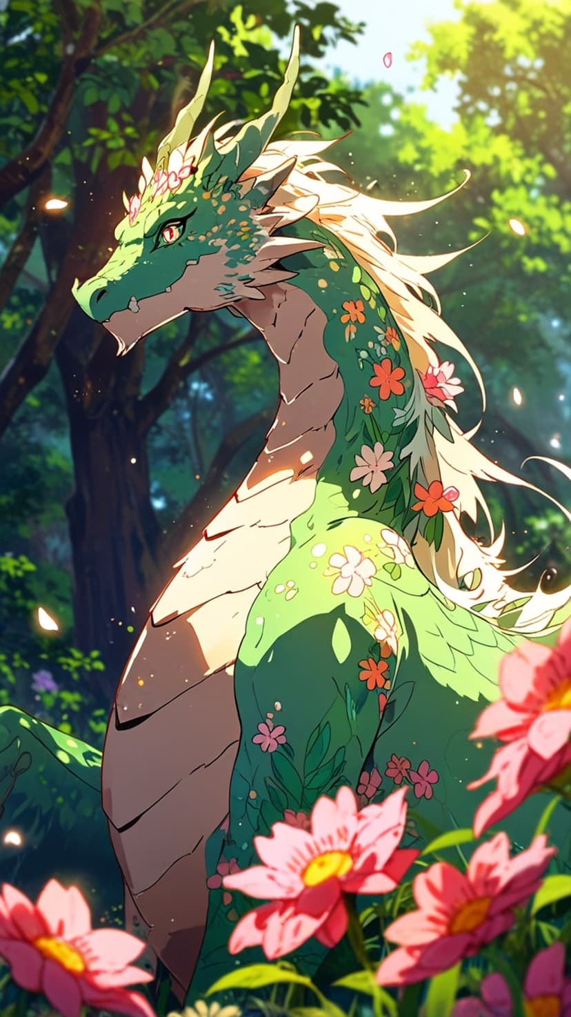 Green dragon with flower-patterned scales and a golden mane sits among pink blossoms in a sunlit forest clearing.