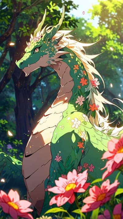 Whimsical Emerald Dragon Bloom Forest Tablet Background