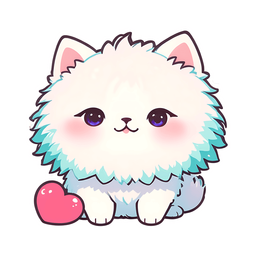 White fluffy puppy sticker illustration sits facing forward holding a pink heart with large purple eyes.