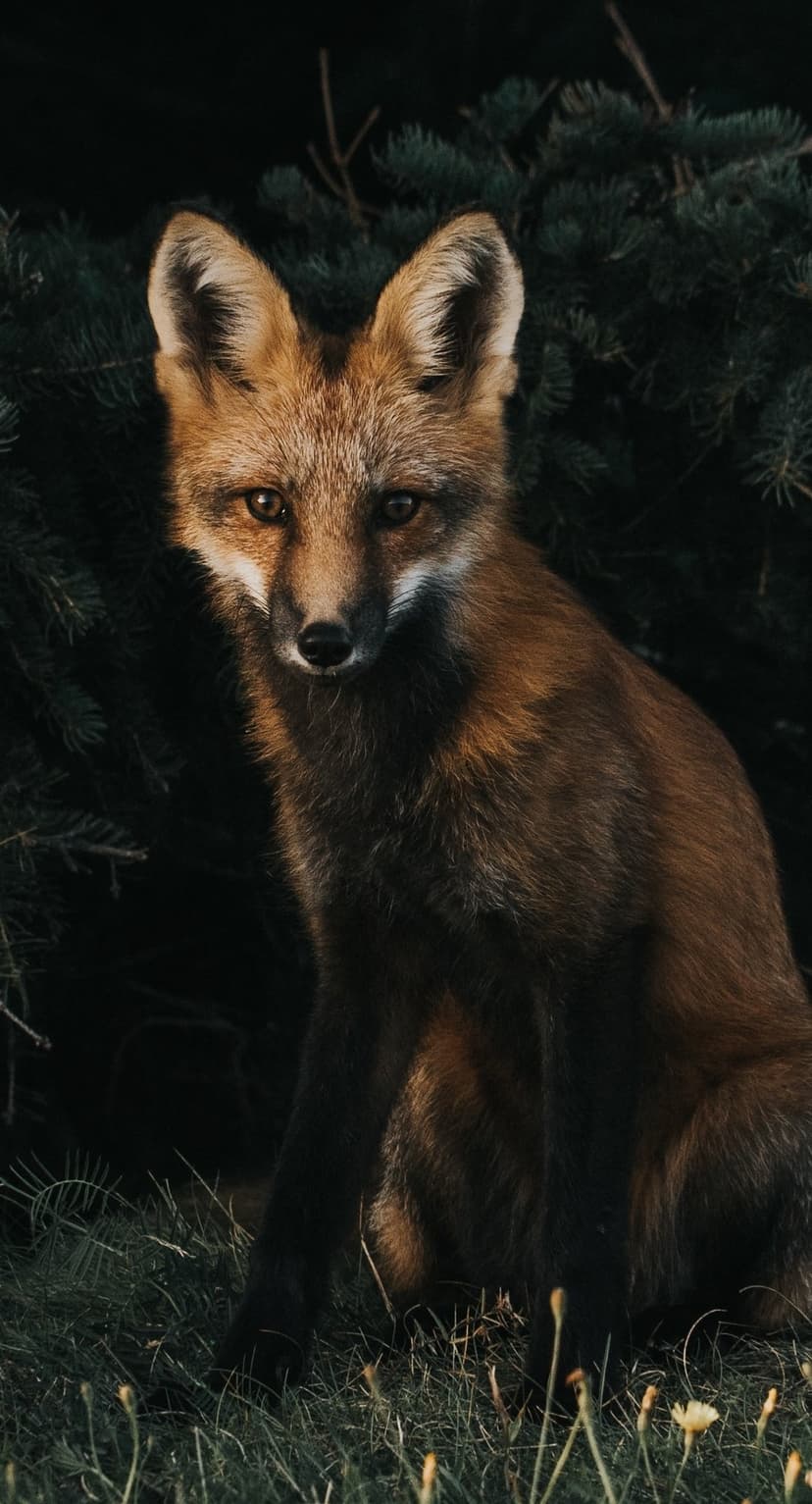 Red fox with bright orange fur sits in dark green grass and pine foliage, looking directly into the camera lens.