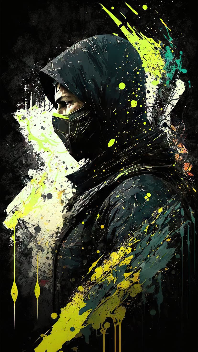 Hooded figure in a face mask covered in glowing green and blue paint splatters against a dark textured background.