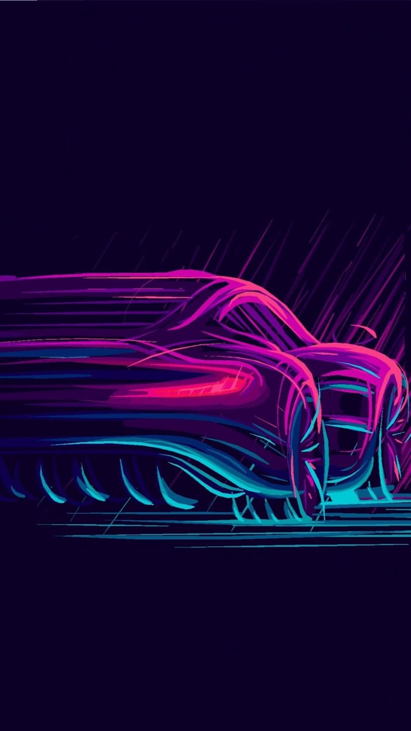 Sleek sports car speeding through darkness with vibrant pink and blue light trails trailing behind its chassis.