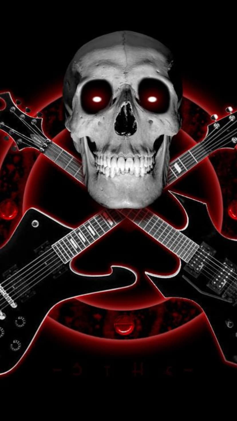 Menacing skull with glowing red eyes positioned between two crossed black electric guitars against a dark backdrop.
