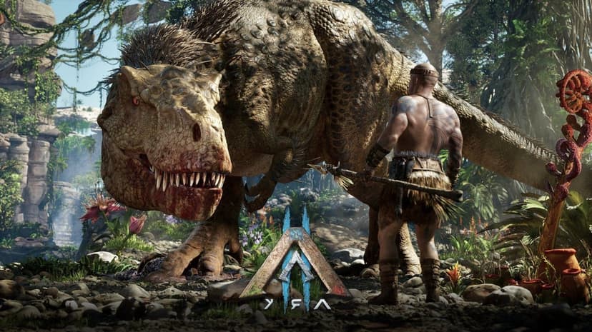 Muscular man with a spear facing a massive feathered T-Rex in a lush sunlit prehistoric jungle landscape.