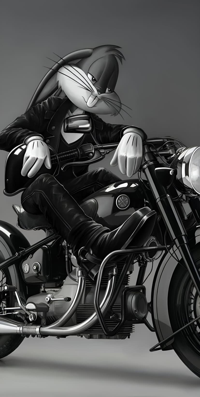 Bugs Bunny in a black leather jacket sits on a vintage motorcycle while holding a helmet with a cool expression.