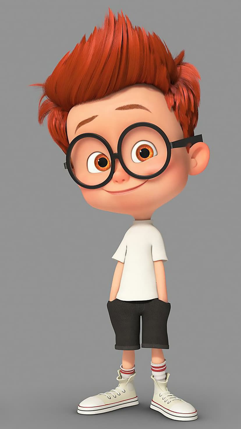 Young boy with spiky red hair and round glasses wears a white t-shirt and sneakers against a plain grey backdrop.