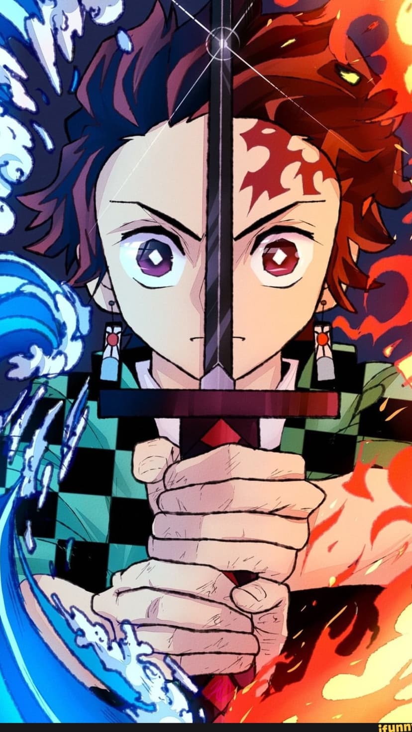 Tanjiro Kamado grips a sword while split between swirling blue water and orange flames in a vertical portrait.