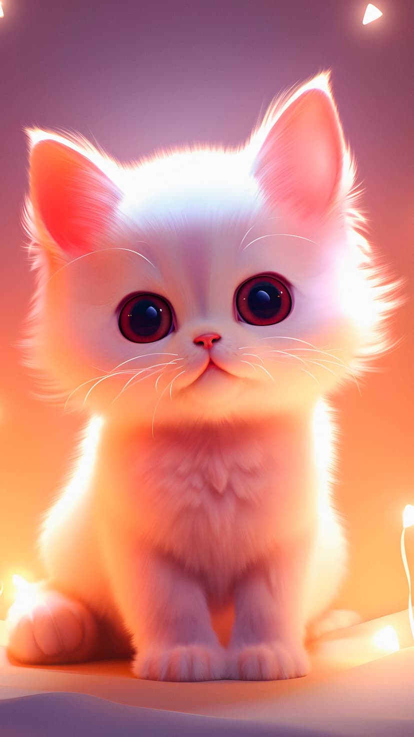 White fluffy kitten with large red eyes sits against a warm orange and purple background with bokeh lights.