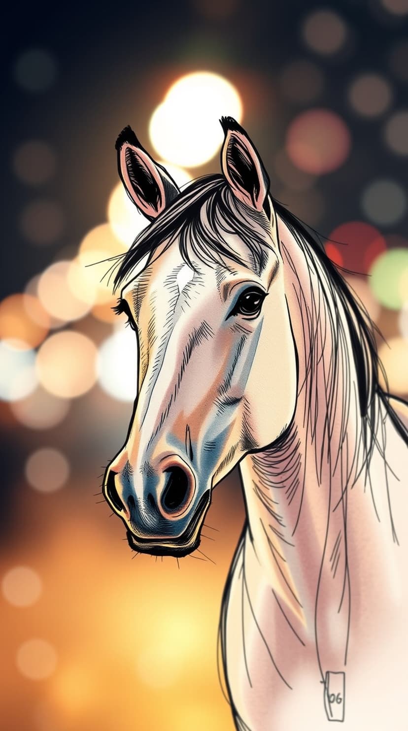 Brown horse with a detailed mane and striking eyes against a backdrop of glowing orange bokeh lights.