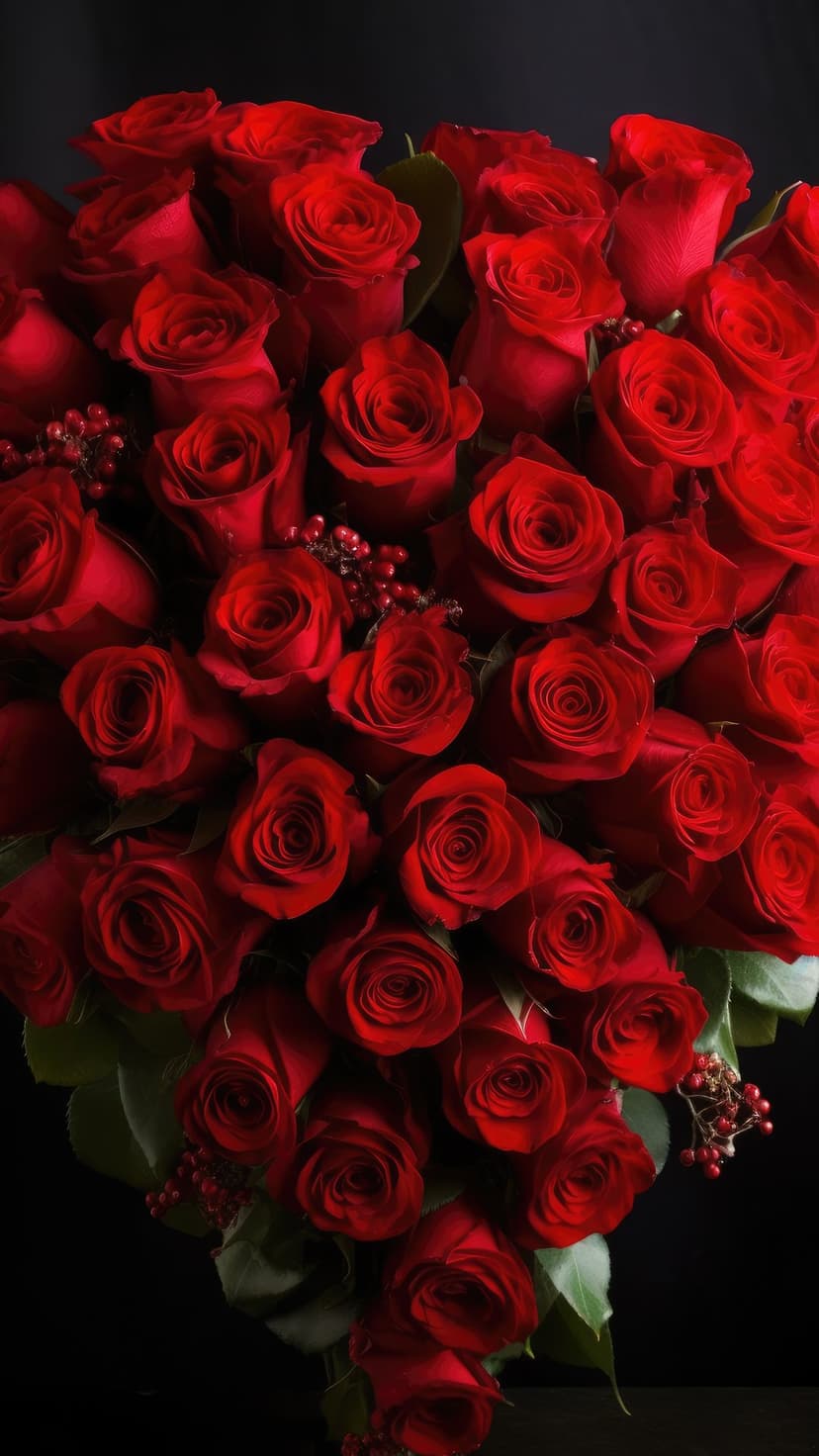 Deep red roses and scarlet berries cluster together against a solid black background with green leaves.