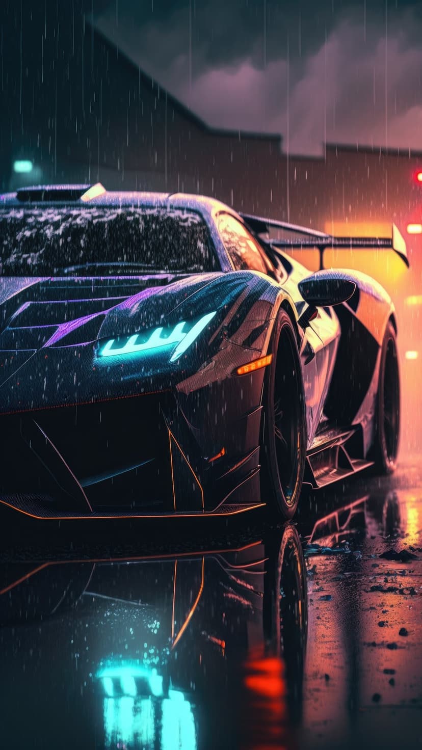 Black supercar with glowing blue headlights driving on a wet city street at night with neon reflections.