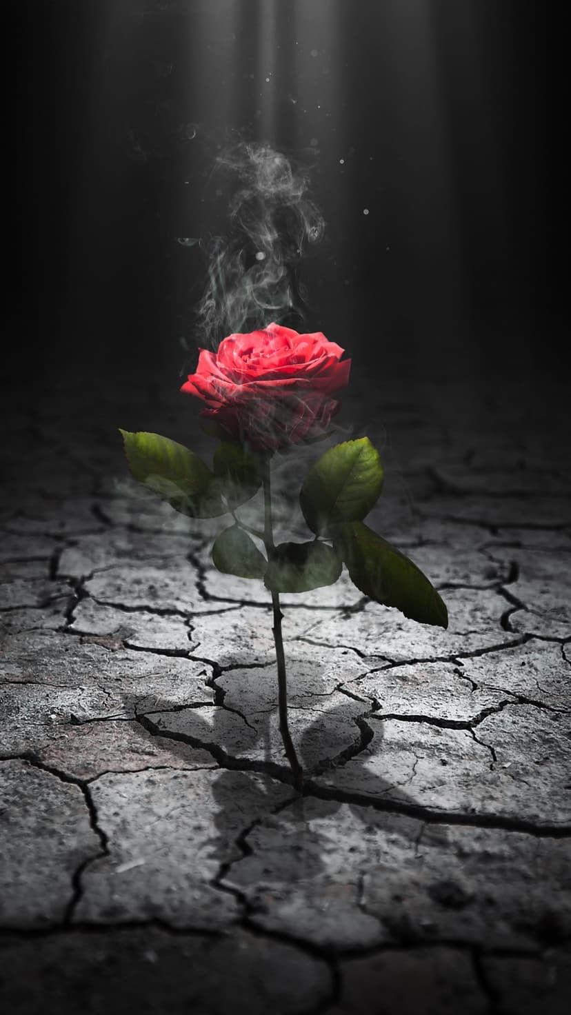 Red rose blooming from parched cracked soil surrounded by wisps of white smoke and moody atmospheric lighting.